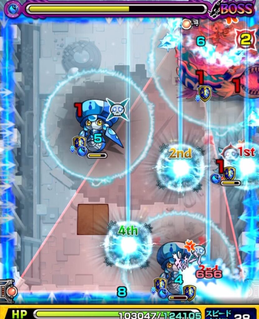 ボスステージ3の1手目後、トライアングルエリアが完成。
味方の防御アップが発動し、ぷよりんとウミウシへの攻撃も成功。下のハンシャインの強攻撃に備えた守り重視の一手。