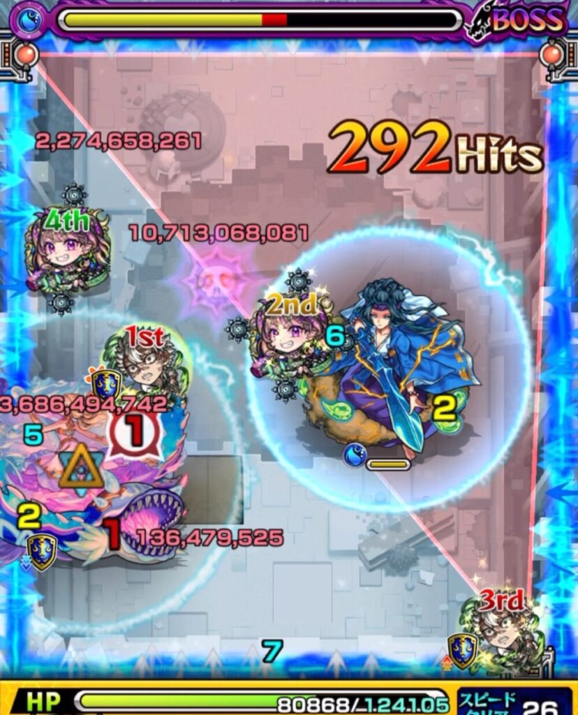 ボスステージ3の3手目後、トライアングルエリアが完成。
味方3体が防御アップを得た状態でハンシャインとウミウシを撃破。クロスドクロ効果でボスが覚醒・実体化し、強攻撃を回避。新たにボスの弱点とヤマトタケルが出現した。