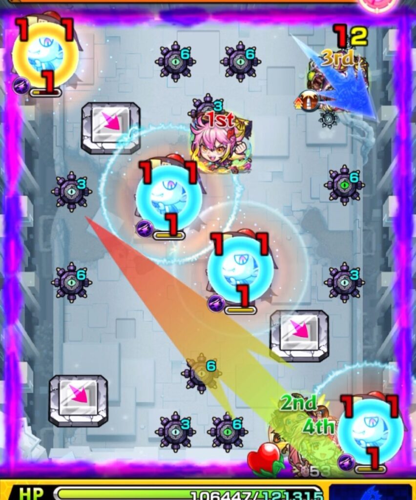 サンダルフォンが赤ゾンビを攻撃し、コルロの設置したパネル経由で青ゾンビの防御ダウンを誘発。全処理を狙うも、運要素が絡む緊張の一手。