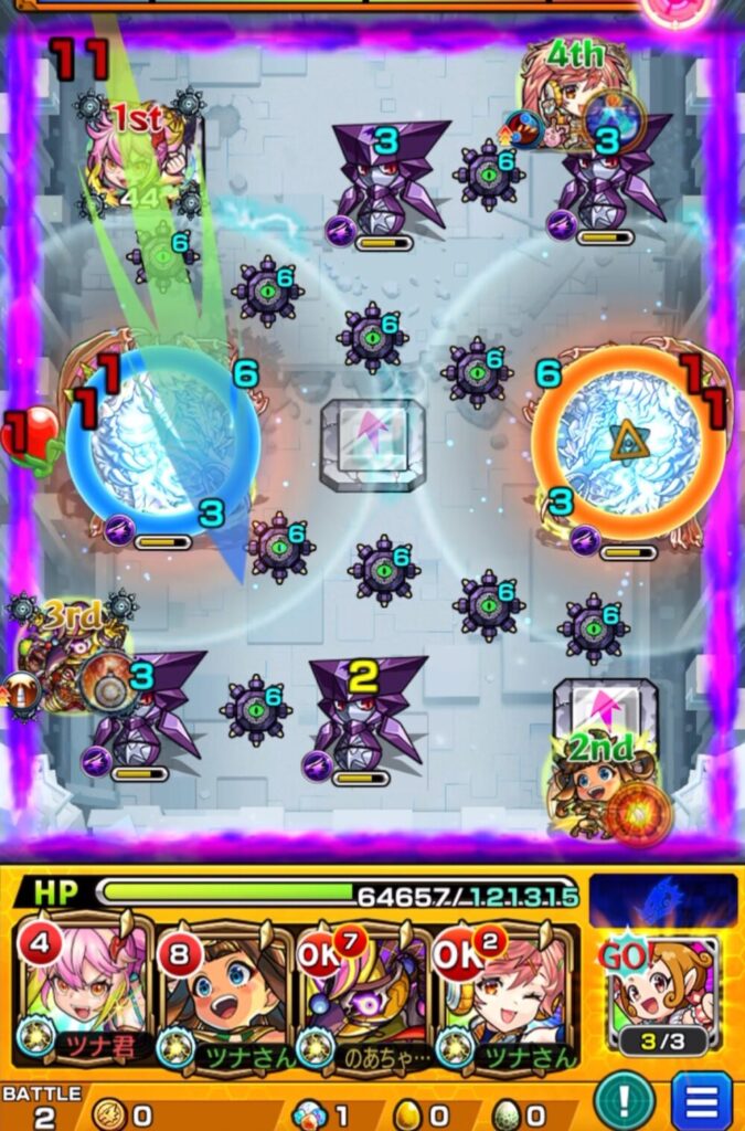 ゲキリンが守護獣「ブラウニー」を使いダメージウォールを回避。青バハムートにふれてハンシャインの防御ダウンを発動し、パネルを活かして同時処理を狙うシーン。