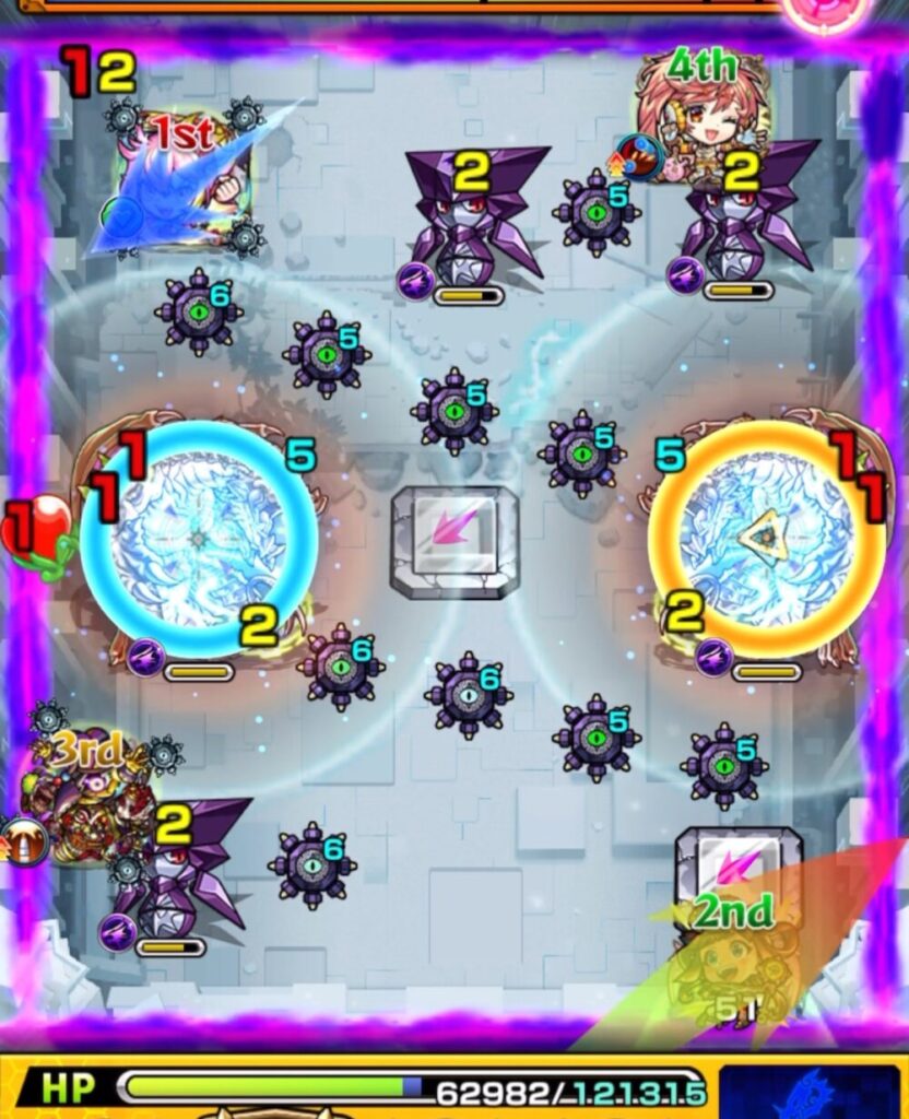 ラーが赤バハムートを経由してハンシャインを処理し、続いてゲキリンが青バハムートにふれて防御ダウンを発動。攻防を両立させた見事な連携シーン。