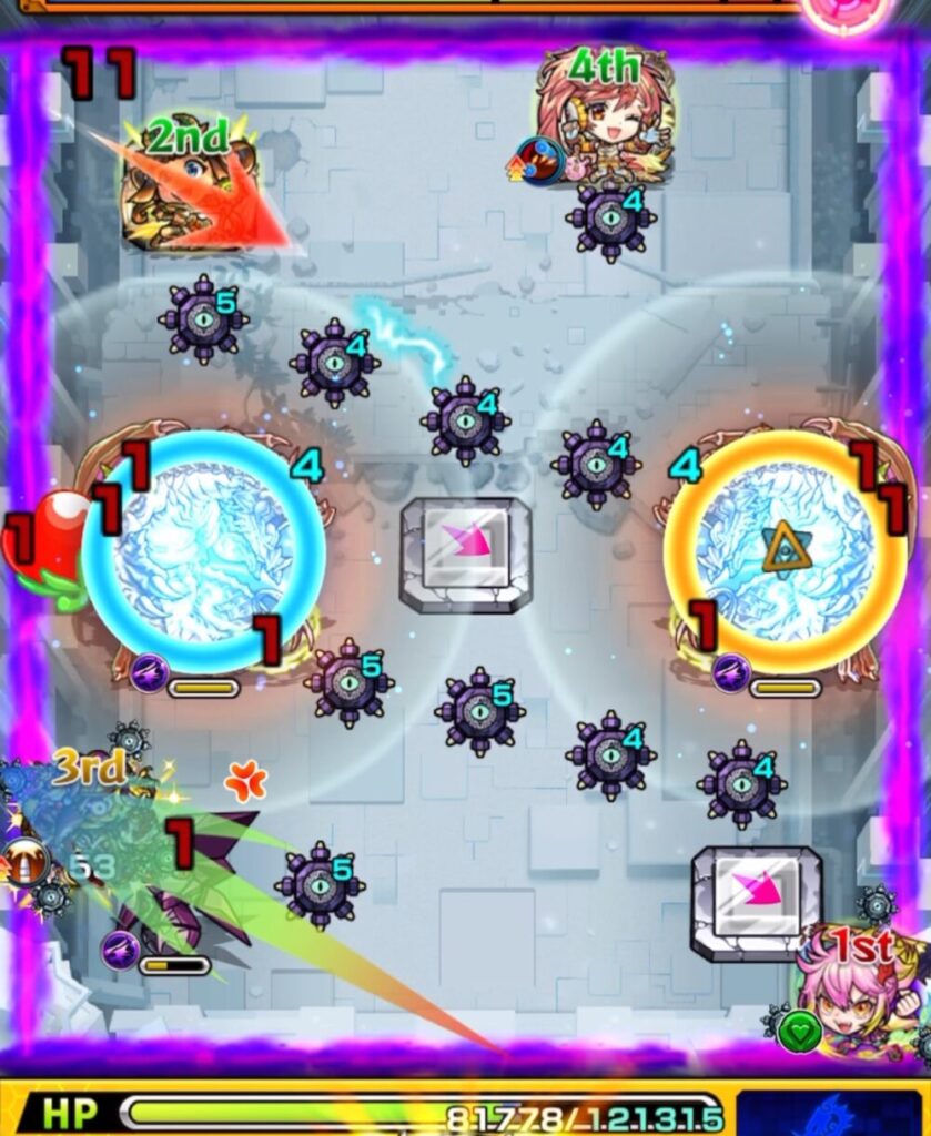 コルロがSSを使い青バハムートにふれて防御ダウンを発動し、ランチャーパネルを配置。続くラーが赤バハムート経由でハンシャインを処理する連携シーン。