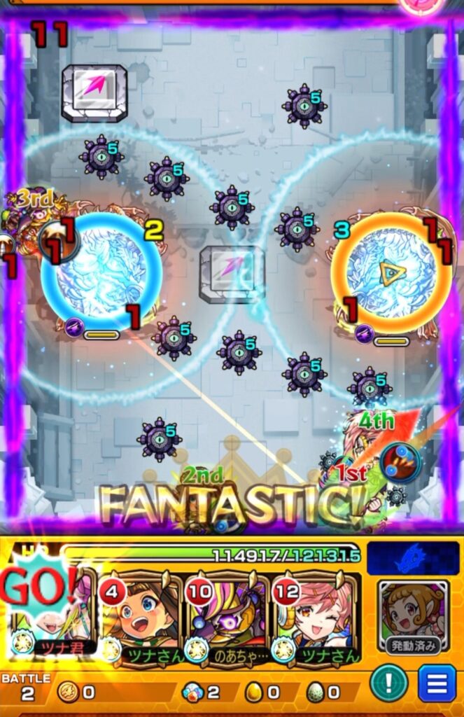 ゲキリンがSSで青バハムート経由から赤バハムートの弱点を狙い撃ち、サンダルフォンが赤バハムート経由で青バハムートを処理。見事な連携で同時処理に成功した瞬間。