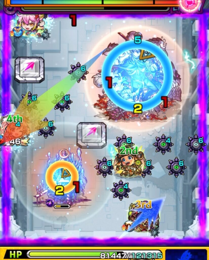 サンダルフォンがムラマサを経由してラーの友情を誘発し、中ボスにダメージを与える。続いてコルロが中ボス経由でムラマサを処理した連携シーン。