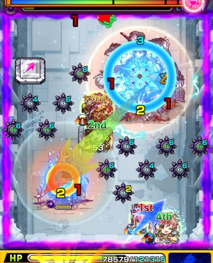 ラーがムラマサ経由で中ボスを攻撃し、続いてゲキリンがパネルを利用して中ボス経由でムラマサを攻撃。連携が決まり中ボス撃破に成功したシーン。