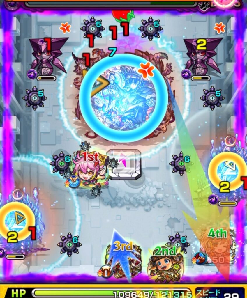 サンダルフォンが下壁反射でムラマサ経由→ラーにふれて友情と殴りでボスにダメージ。コルロはボス経由で左上のハンシャインを処理するシーン。