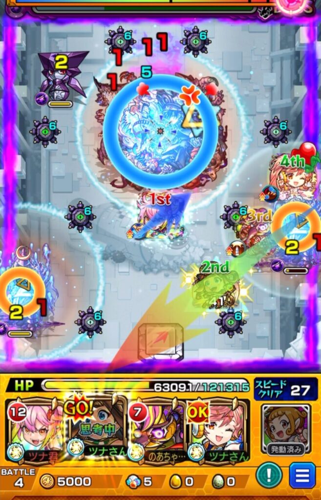 ラーがSSを使用し、パネルとムラマサ経由でサンダルフォンの友情を誘発してボスに大ダメージ。ゲキリンはボス経由でムラマサを処理する連携シーン。