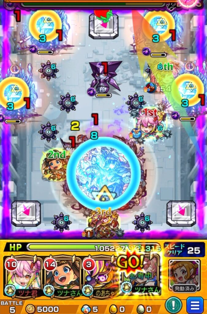 サンダルフォンがSSを使用し、ムラマサ経由でパネルを配置しつつハンシャインを処理。ラーにふれて友情を誘発し、全体にダメージを与えるシーン。