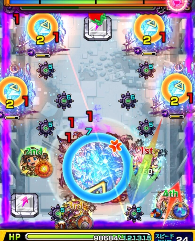 ゲキリンがボス経由で2体のムラマサの弱点を狙い攻撃。続いてサンダルフォンがムラマサ経由でボスに直殴りし、ムラマサ2体の同時処理とボスへの大ダメージに成功したシーン。