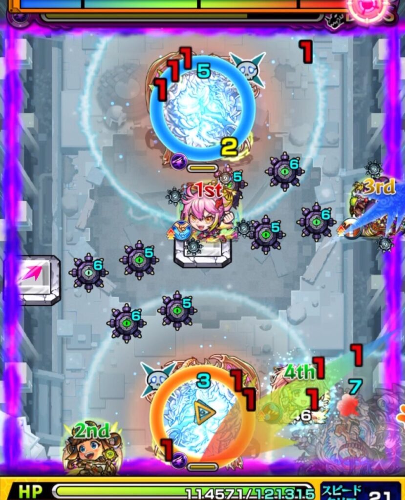 サンダルフォンが赤バハムート経由でゲキリンの友情コピーを発動し、両方のバハムートにダメージを与える。続くコルロが青バハムート経由で弱点を攻撃し、同時処理成功。クロスドクロ発動で中ボスが左上に登場し、右下のボスが実体化した場面。