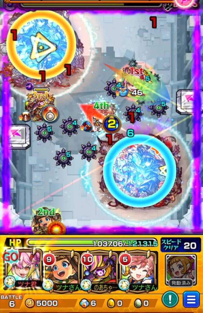 ゲキリンがSSを使用し、パネル経由でボスを攻撃しつつサンダルフォンの友情を誘発。全体に大ダメージを与え、続くサンダルフォンが中ボスを経由してHP共有リンクを利用した攻撃を加える場面。