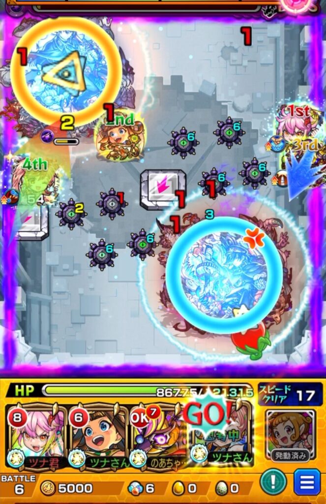 サンダルフォンがSSを使用し、中ボスを経由してボスに直撃。続くコルロがパネル経由でボスと中ボスの弱点を同時に攻撃し、共有リンクによってフィニッシュを決めた場面。