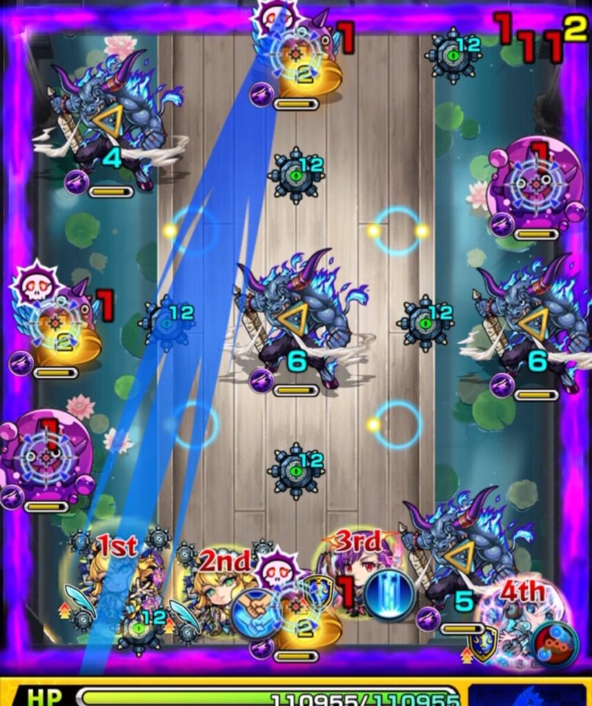 はやリンにフォトンを2個付与してアグニの防御をダウンさせたステージ1・初手のプレイシーン。防御ダウン後の攻撃準備を整えている様子