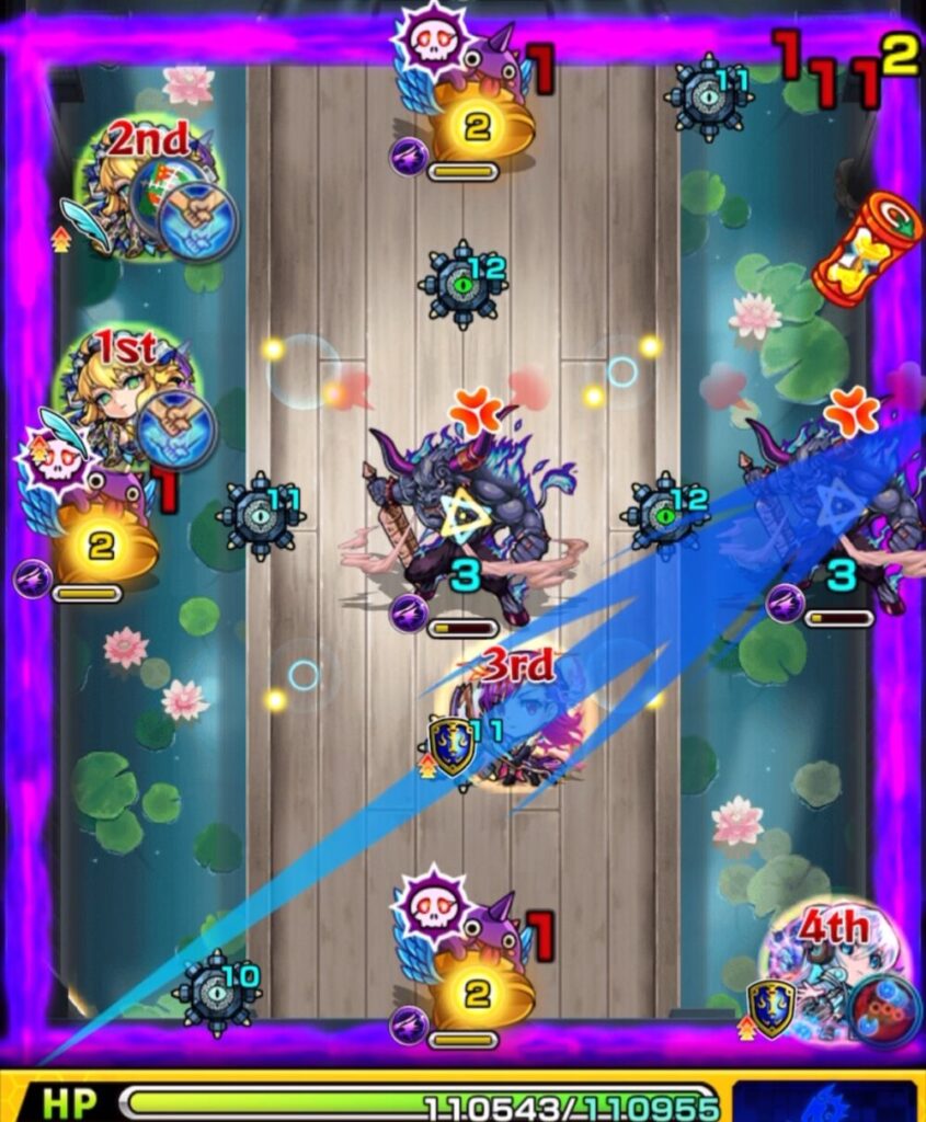 右のアグニの弱点を攻撃しつつ、ワトソンの友情を発動して2体を同時処理したステージ1・3手目のプレイシーン。弱点ヒットと友情火力が重なり撃破成功の瞬間。