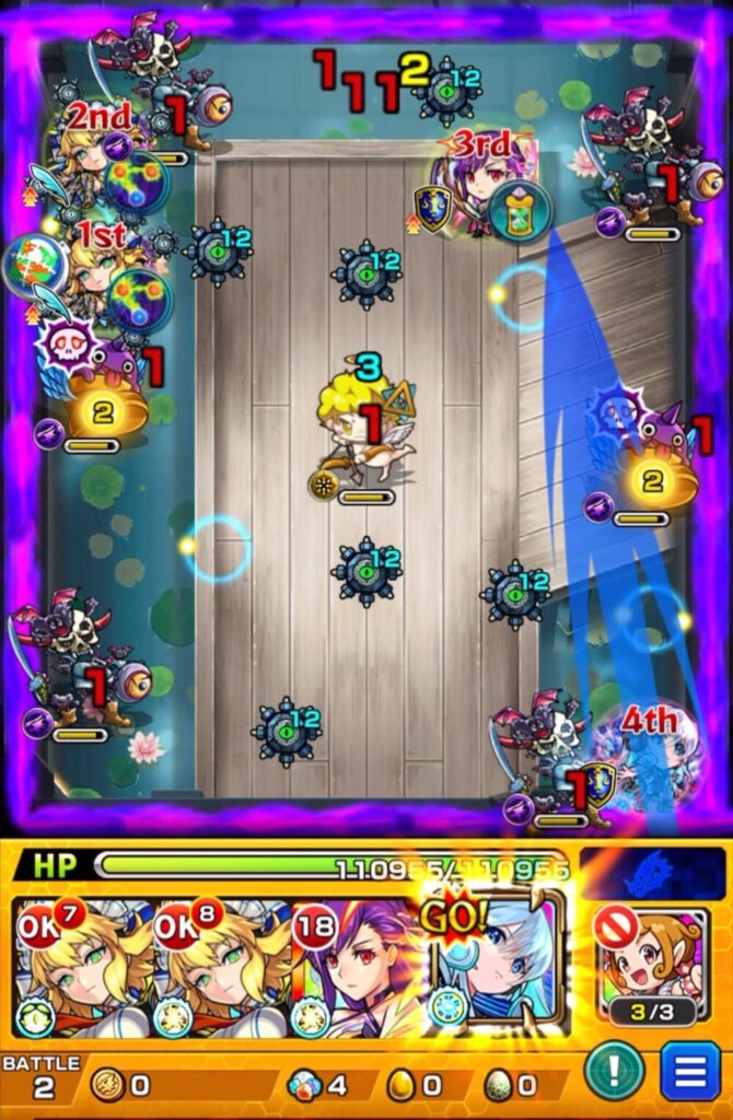 ネオがSSを使用し、はやリンにフォトンを付与して防御ダウンを発動。友情コンボでガイコツ系の敵を一掃し、1手で処理成功したステージ2のプレイシーン。