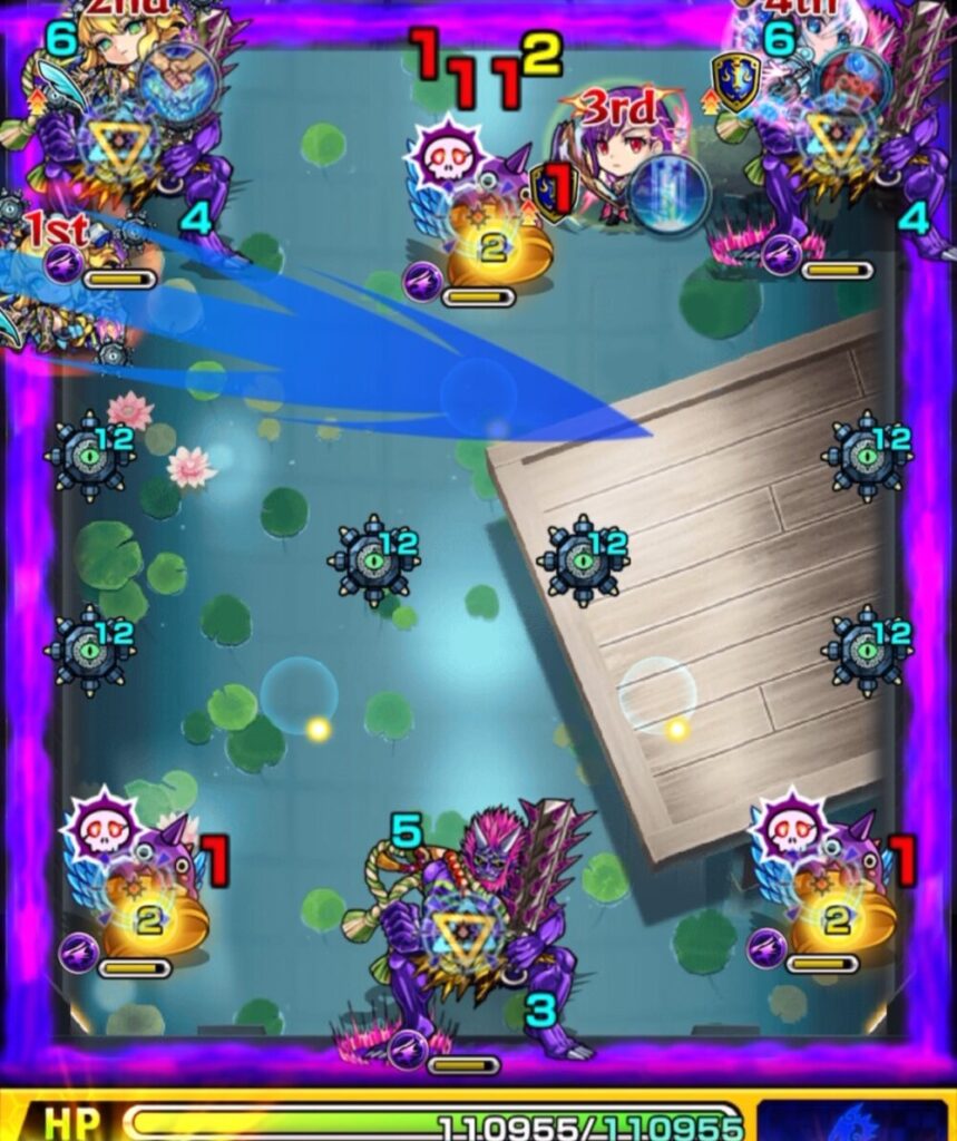 ステージ3の1手目でフォトンを2個拾い、右下のはやリンに付与して鬼の防御ダウンを狙うも、軌道がずれてフォトンを付与できず失敗したシーン。