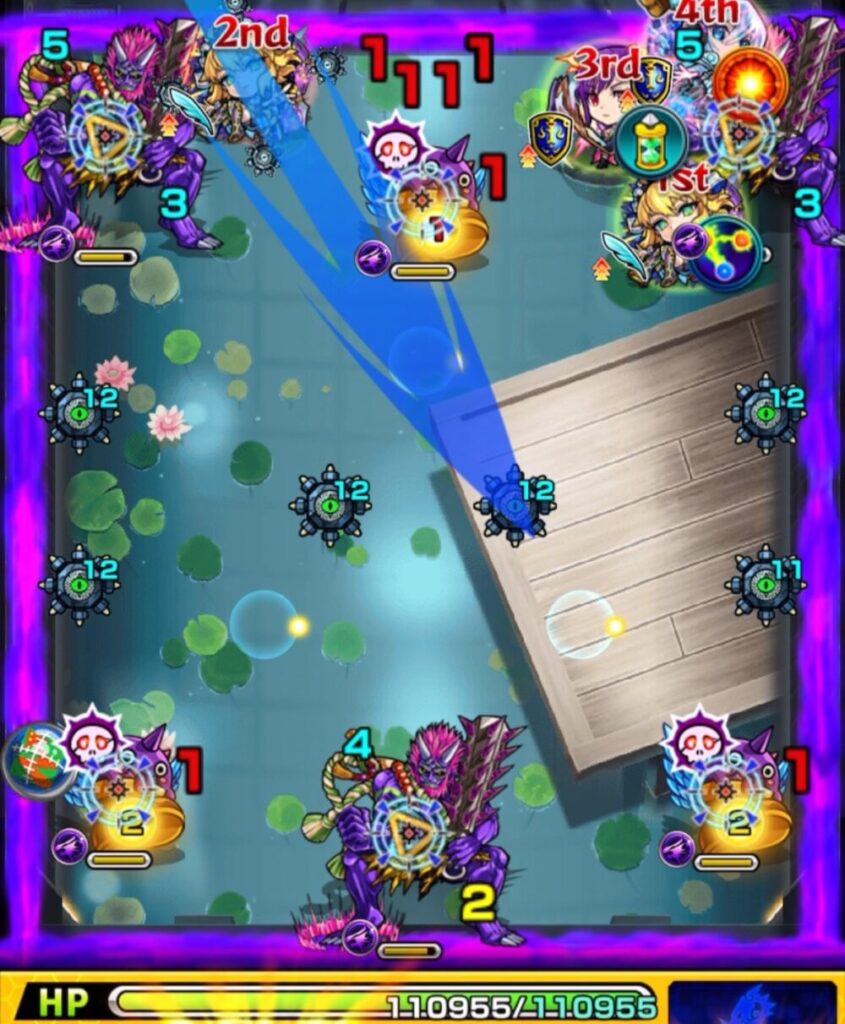 右下のはやリンにフォトンを2個付与して鬼の防御ダウンを発動。味方の友情コンボで攻撃し、2体を同時に処理したステージ3・2手目のプレイシーン。