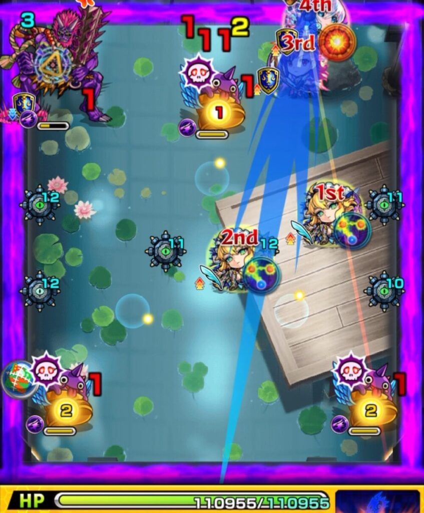 ステージ3の3手目でネオにふれて加速し、味方の友情コンボを誘発して鬼に大ダメージを与え、処理に成功したプレイシーン。