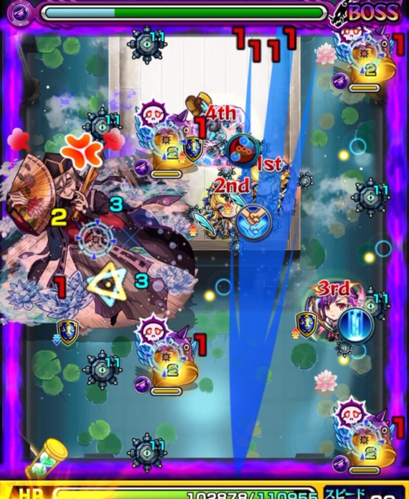 ボスステージ1の2手目で味方の友情コンボを発動し、防御ダウン中のボスに大ダメージを与えてステージを突破したシーン。