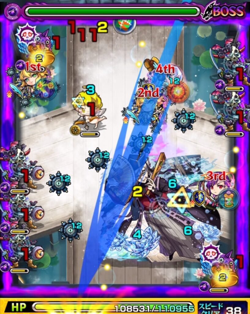 ボスステージ2の1手目で左上のはやリンにフォトンを付与し、防御ダウンを発動して次の攻撃チャンスを作ったシーン。