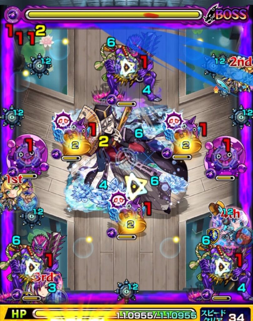 ボスステージ3の1手目で左側のはやリンにフォトンを付与し、防御ダウンを発動。ボスの童磨が透過状態に変化する場面。