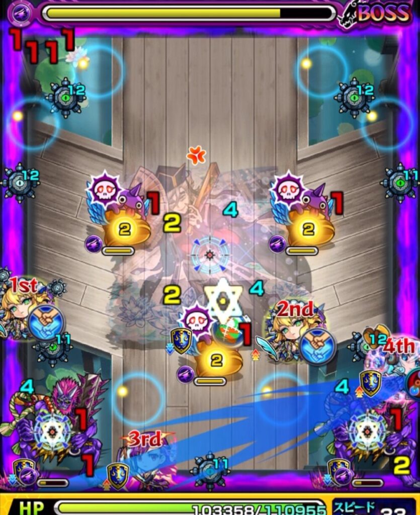 ボスステージ3の2手目で味方にふれて友情コンボと直殴りを組み合わせ、防御ダウン中の鬼を処理するシーン。