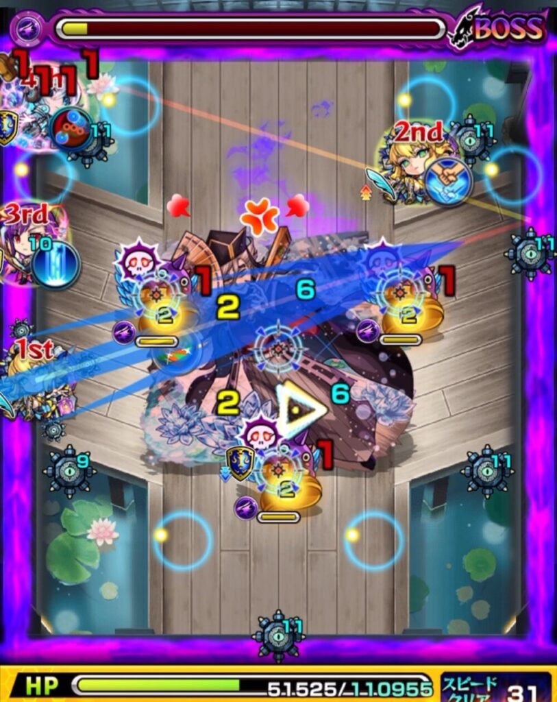 ボスステージ3の4手目で味方にふれて友情コンボを発動し、残りわずかなHPのボス・童磨を撃破する決着シーン。