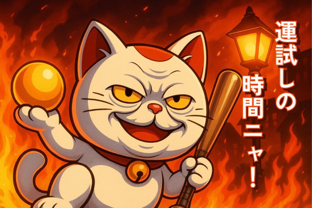 モンスト超究極「ターボババアをぶっ飛ばせ！」ステージ開始演出画像。炎の中で金の玉とバットを持ち「運試しの時間ニャ！」と挑発する招き猫ターボババア。
