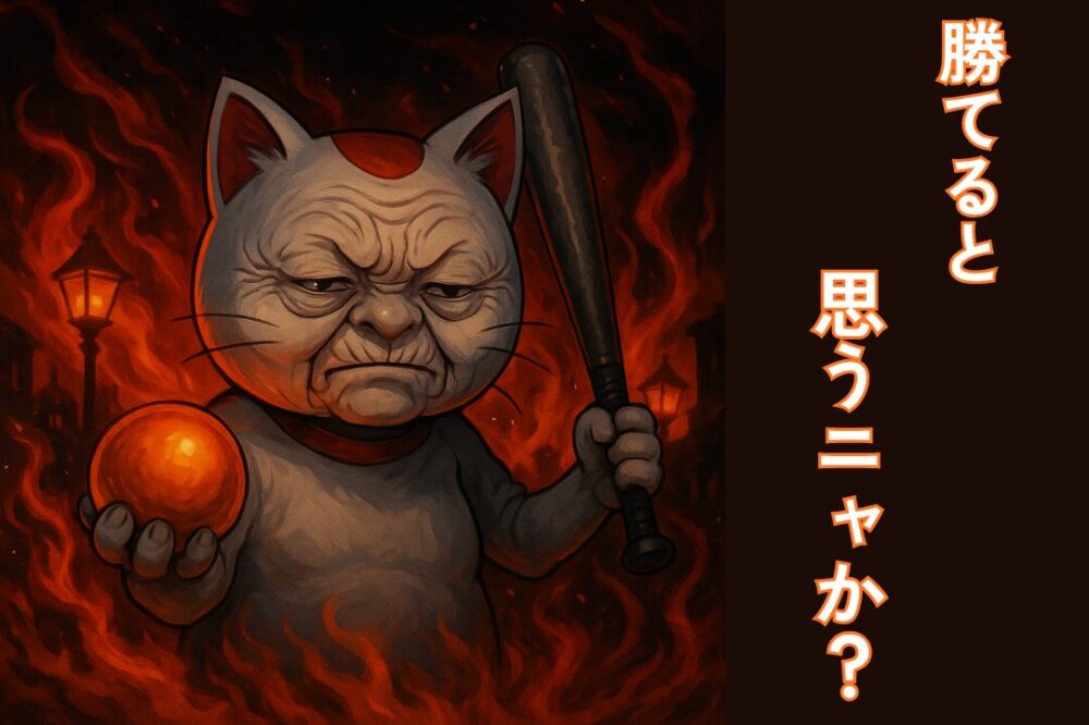 モンスト超究極ターボババア戦の開幕演出。炎に包まれた招き猫姿のターボババアが、金の玉と金属バットを構え『勝てると思うニャか？』と挑発するシーン。