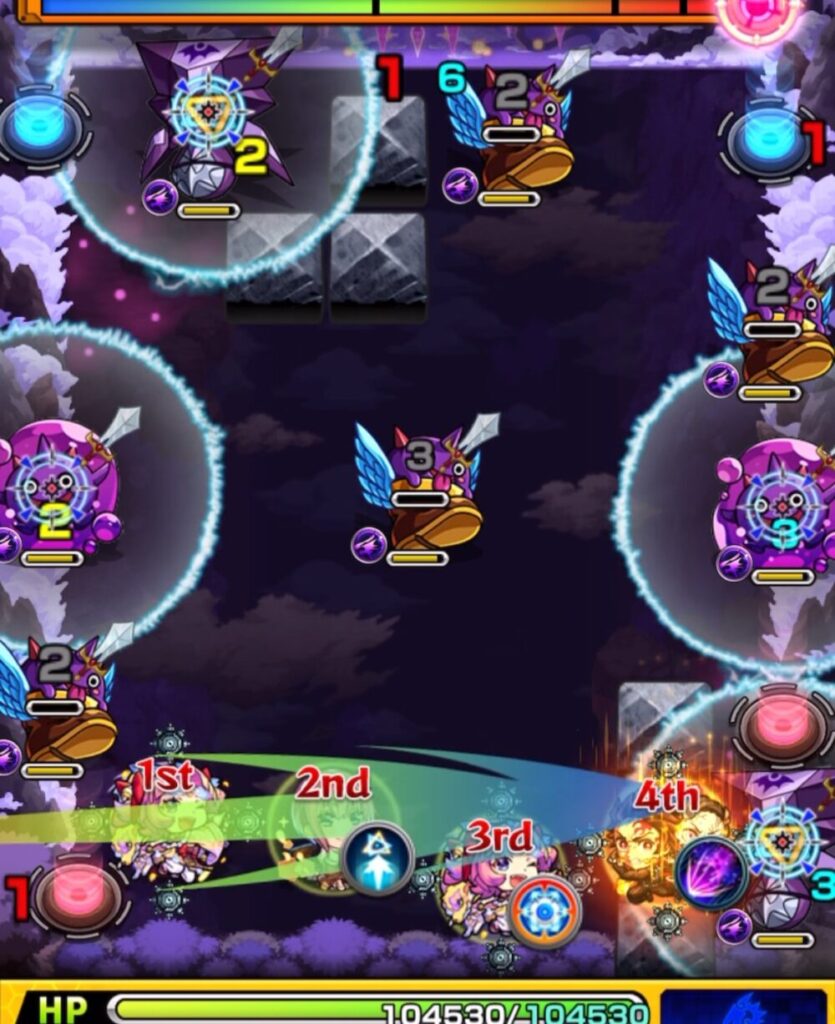 モンスト超究極・火「苦闘彩る魔性の宮殿」ステージ1のプレイ画面。はやリンに触れて加速しながらぷよリンを攻撃し、1体のみ残った場面。加速を活かした立ち回りで次手に繋ぐ動きが見える。