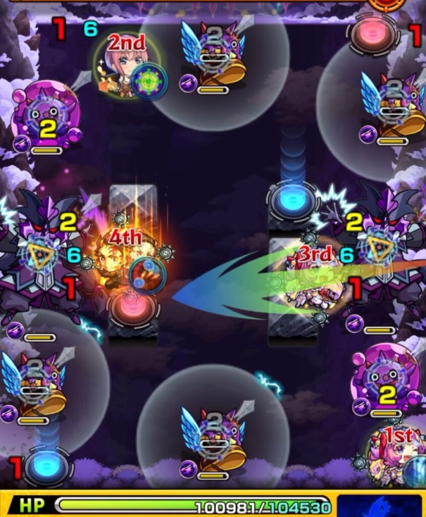 モンスト超究極・火「苦闘彩る魔性の宮殿」ステージ2の1手目のプレイ画面。はやリン経由で右下のぷよリンを狙うが倒せず、右下の赤テレポトンネルを抜けて左上のぷよリンを撃破。予定外のルートで処理に成功したシーン。