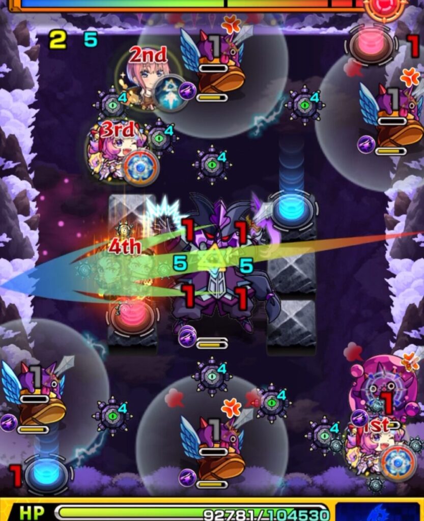 モンスト超究極・火「苦闘彩る魔性の宮殿」ステージ2の2手目のプレイ画面。はやリンとぷよリンを経由して左下の青テレポトンネルに入り、ブロック右側の青テレポから出現。加速を活かして魔導師2体を同時に撃破した場面。