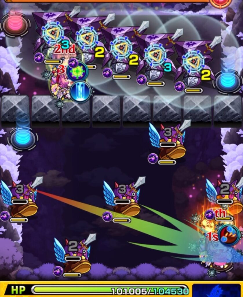 モンスト超究極・火「苦闘彩る魔性の宮殿」ステージ3の1手目のプレイ画面。右下の赤テレポトンネルから弱点角度で弾き、ハンシャイン5体を一掃。狙い通りの角度で全処理に成功した場面。