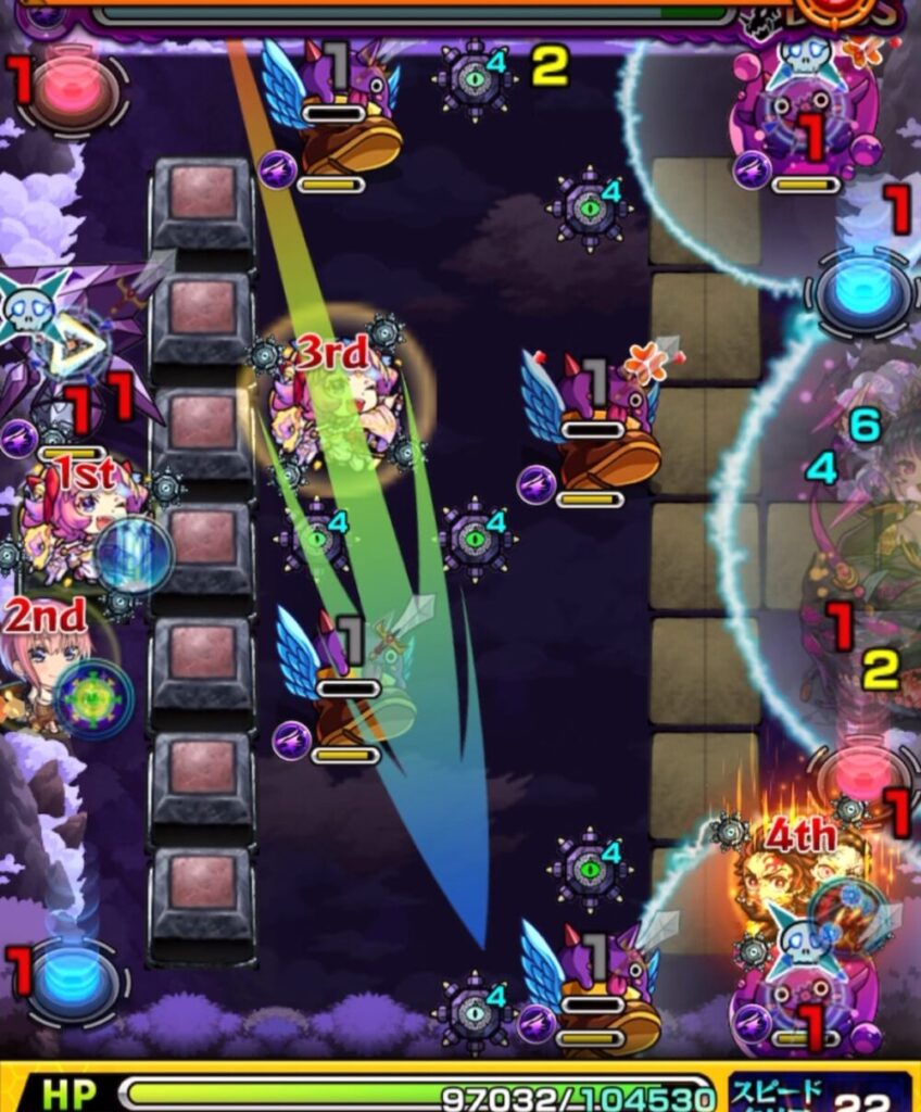 モンスト超究極・火「苦闘彩る魔性の宮殿」ボスステージ1の2手目のプレイ画面。はやリン→ぷよリン→赤テレポトンネルを経由し、左上のハンシャインを正確に撃破。加速と角度が噛み合い処理に成功した場面。