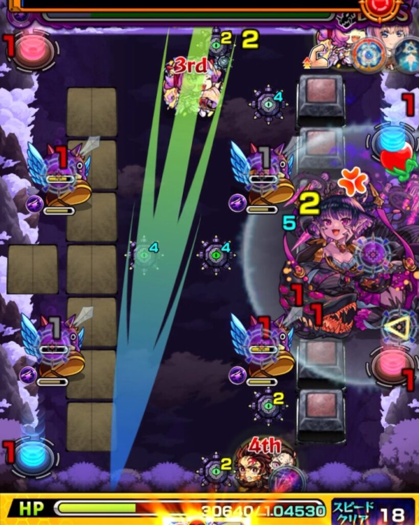 モンスト超究極・火「苦闘彩る魔性の宮殿」ボスステージ1の6手目のプレイ画面。下壁反射からはやリンに触れ、左上のテレポトンネルを経由してボスの弱点を直撃。加速を活かした精密ショットでボスを撃破し、突破に成功した瞬間。