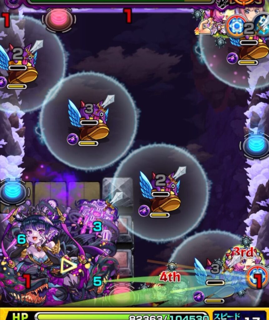 モンスト超究極・火「苦闘彩る魔性の宮殿」ボスステージ2の1手目のプレイ画面。はやリン経由で加速し、赤テレポトンネルからブロック内を狙うが、角度が合わずトンネルに入れず失敗した場面。