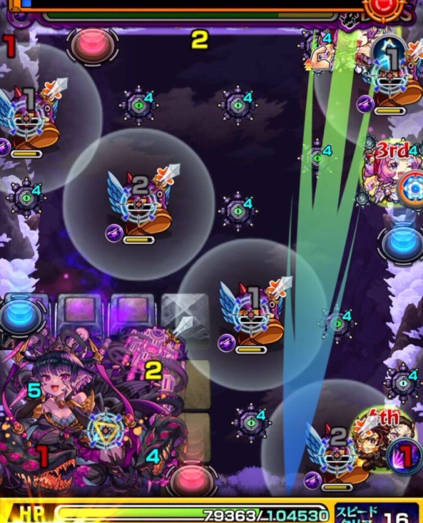 モンスト超究極・火「苦闘彩る魔性の宮殿」ボスステージ2の2手目のプレイ画面。下壁反射からはやリンに触れ、左上のテレポトンネルを狙うが下の赤テレポトンネルから出現。予想外のルートでボスに大ダメージを与えた場面。