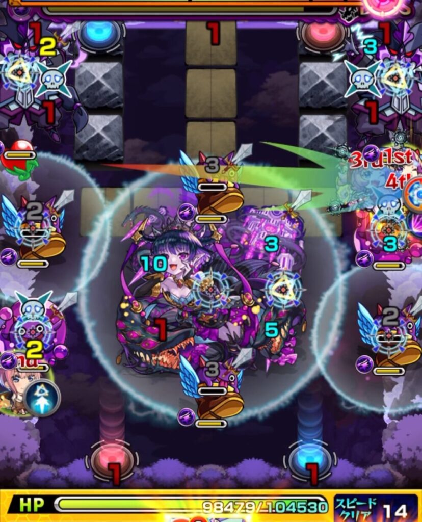 モンスト超究極・火「苦闘彩る魔性の宮殿」ボスステージ3の1手目のプレイ画面。右側のぷよリンを確実に撃破し、伝染霧を防ぐ立ち回りを行っている場面。