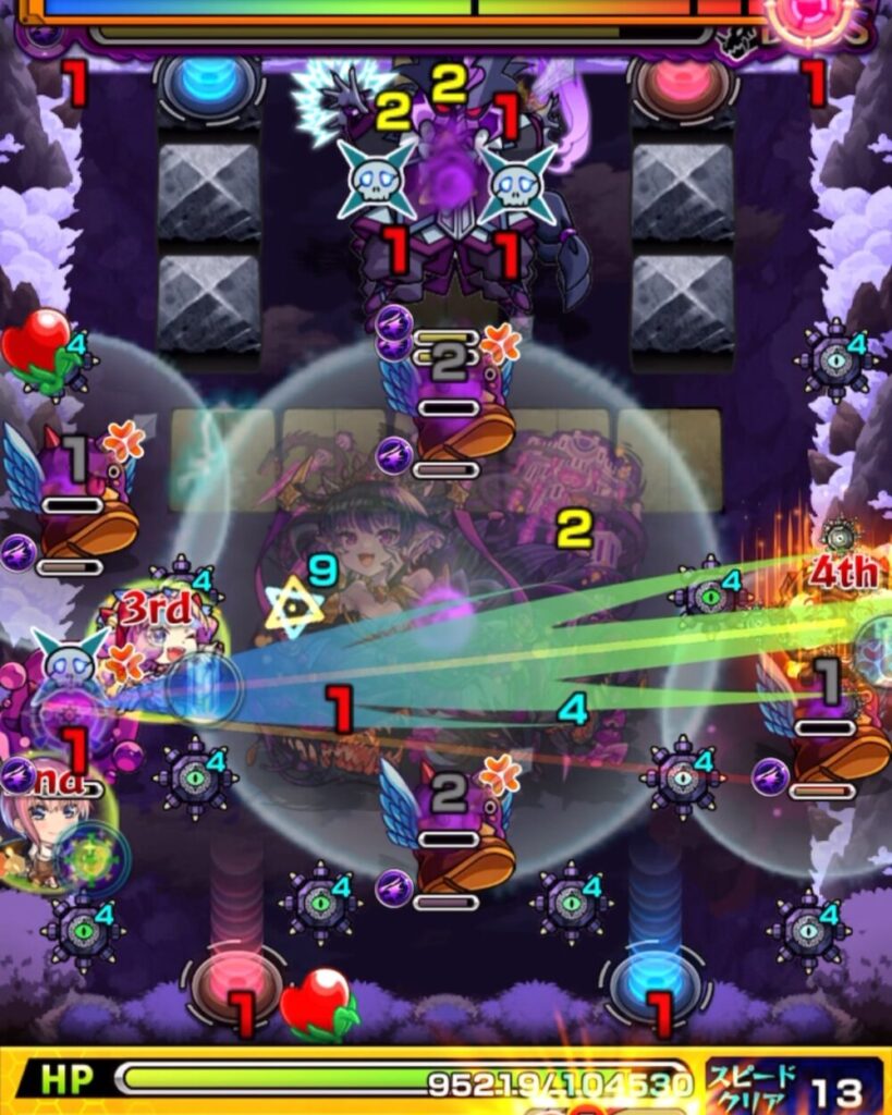 モンスト超究極・火「苦闘彩る魔性の宮殿」ボスステージ3の2手目のプレイ画面。ぷよリン→はやリン→青テレポトンネルを経由し、ブロック内の魔導師を同時に撃破。クロスドクロ発動でボスが上部に移動し、実体化する場面。