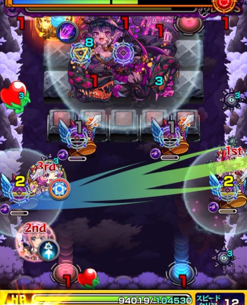 モンスト超究極・火「苦闘彩る魔性の宮殿」ボスステージ3の3手目のプレイ画面。はやリン経由で下の青テレポトンネルを左から狙うが、右から入ってしまいブロック内に入れず失敗。弱点ルートを外した場面。