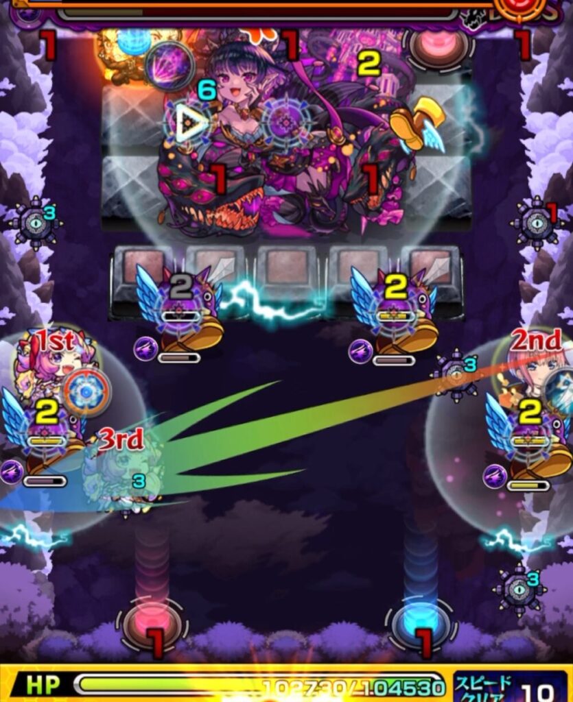 モンスト超究極・火「苦闘彩る魔性の宮殿」ボスステージ3の5手目のプレイ画面。ぷよリン経由で加速し、左側から青テレポトンネルに入りボスの弱点を直撃。残りHPを削り切り、見事に撃破したフィニッシュシーン。