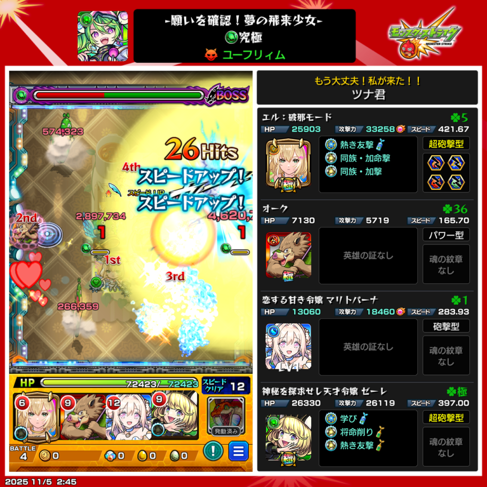 究極「ユーフリィム」クリア時のスクリーンショット。エル（破邪モード）の友情発動でボスに約420万ダメージを与え撃破。編成はエル、オーク、マリトパーナ、セーレの4体で、スピードクリア達成済みの場面。