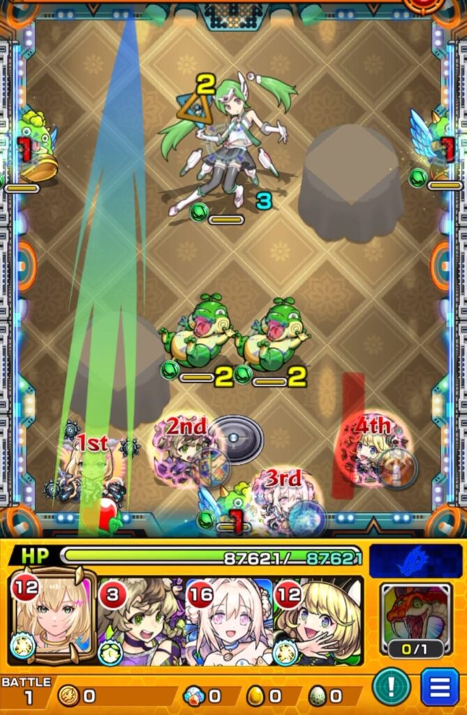 ステージ1の1手目解説画像。○印のやや右を薄めの角度で通し、1反射で右側へ抜けて雑魚処理と次手の縦カン位置取りを作るルート。