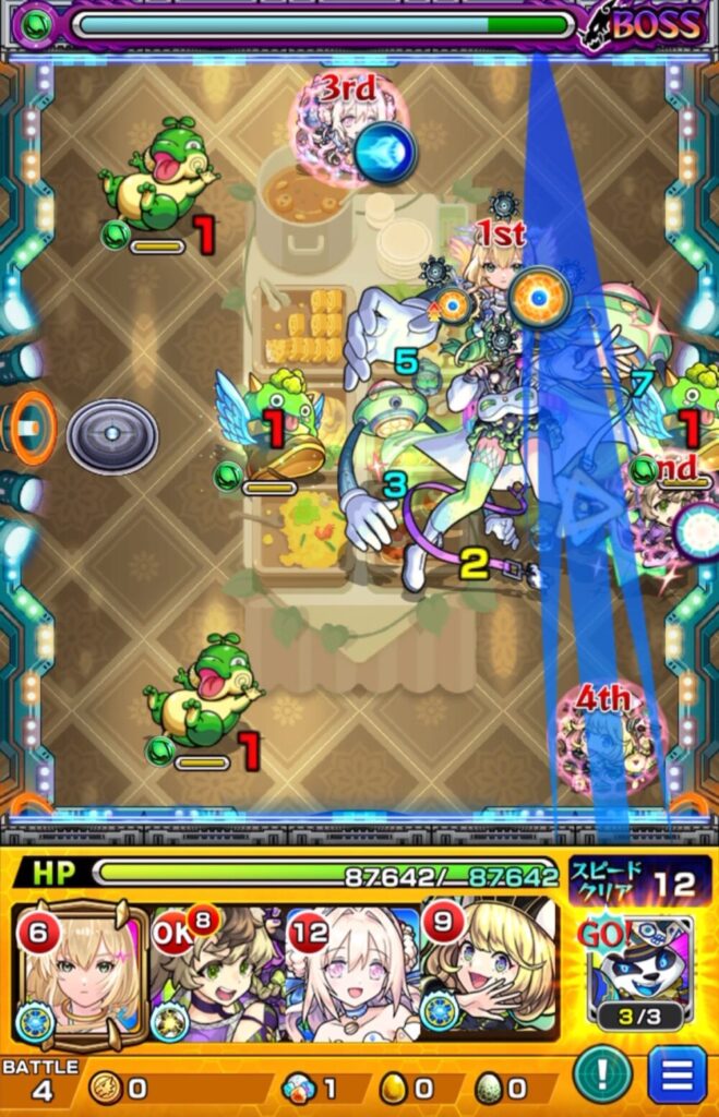 ボスステージ1の縦軸ルート解説画像。守護獣フォンフォンを発動し、エルにふれて攻撃アップ後、縦軸でボスを直殴りしてワンパンを狙う。