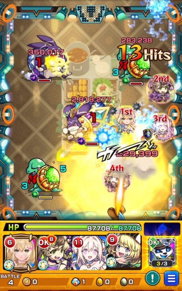 ステージ4の1手目解説画像。けいウサ出現時でもワンパンは不可。ボスHPが高いため、駆け抜けを意識しつつ友情誘発と配置を優先する立ち回り。