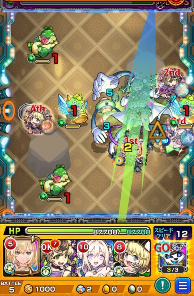 ボスステージ1の1手目解説画像。エルにふれて攻撃アップを発動したが、ワンパンには届かずボスのHPが少し残る。次手で追撃を狙う展開。