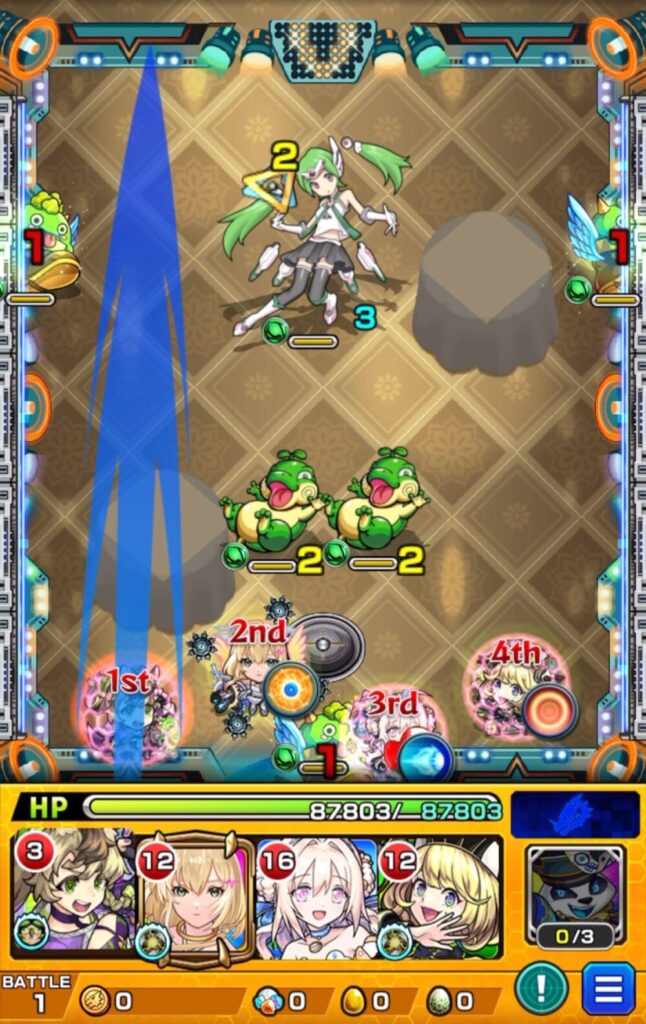 ユーフリィム降臨・ステージ1の1手目のショット解説画像。○印のやや左を薄めの角度で弾き、初手で味方の友情を拾いながら安定した立ち回りを狙う場面。
