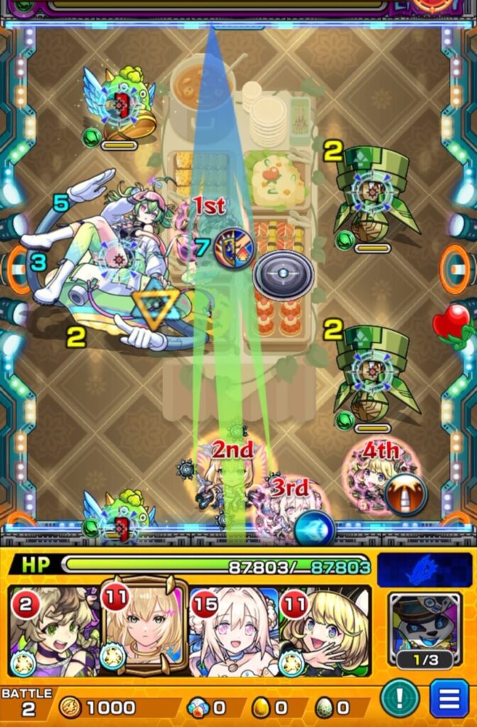 ユーフリィム降臨・ステージ2の立ち回り解説画像。縦軸に弾いて転送壁を活用し、エルとモスコミュールをステージ中央に配置する動き。
