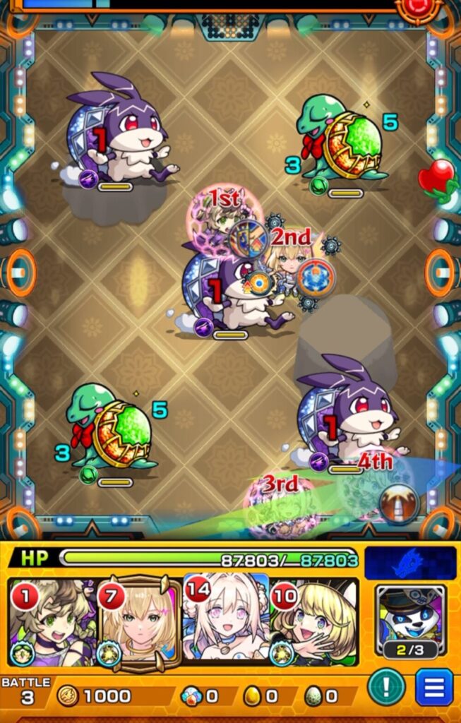 ユーフリィム降臨・ステージ3の攻略画像。けいウサ登場時、ゼーレにふれて友情を発動し、けいウサを安全に処理する立ち回りを解説。
