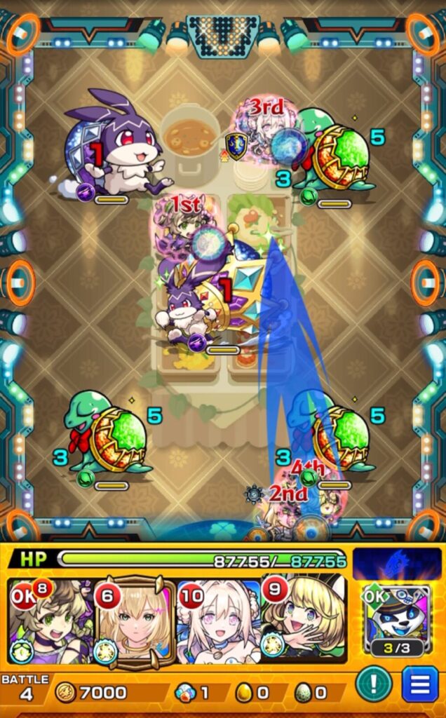 ユーフリィム降臨・ステージ4の攻略画像。けいウサ登場時、エルにふれて友情を発動し、けいウサを確実に処理する立ち回りを解説。
